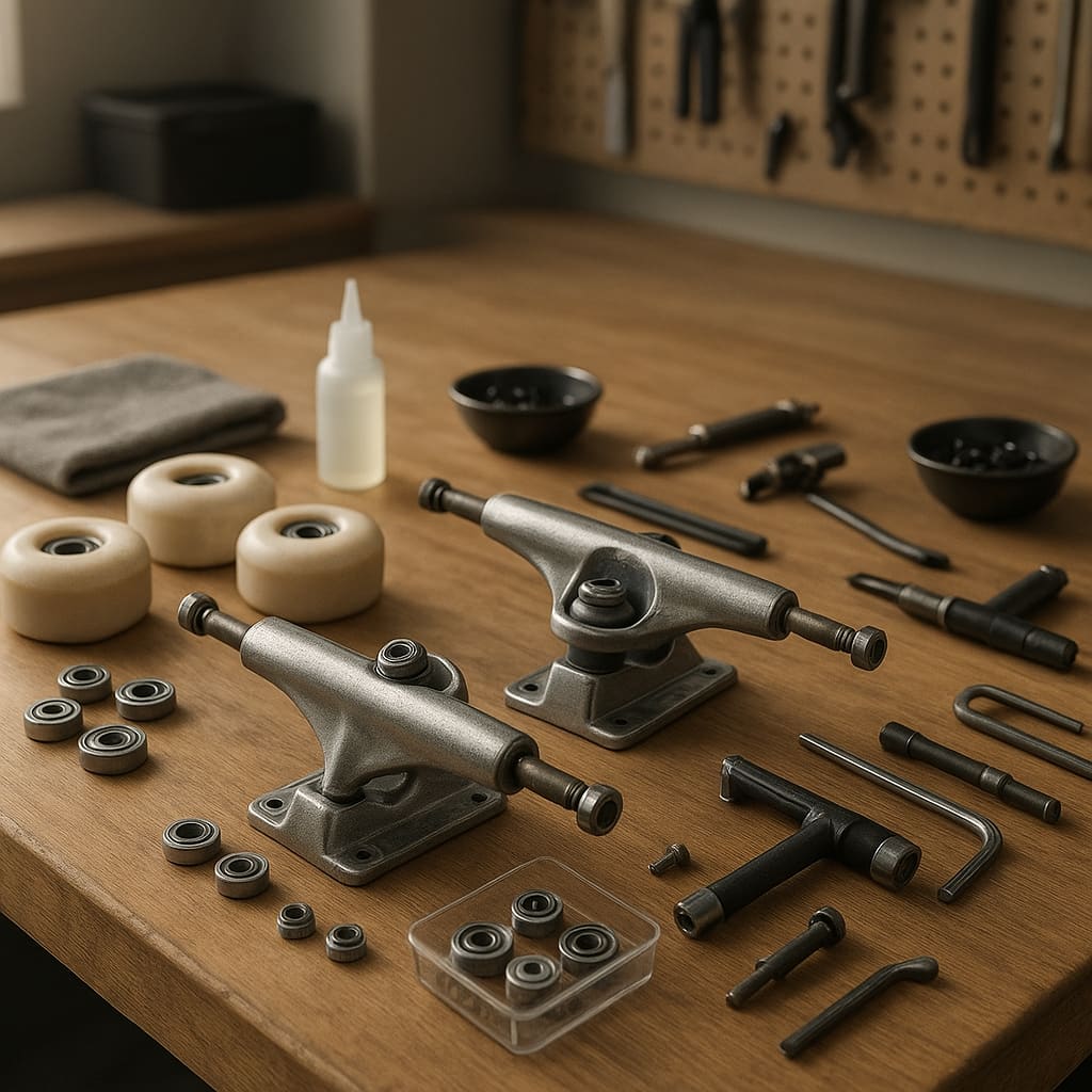 Banco de trabajo de servicio de skate con herramientas y componentes