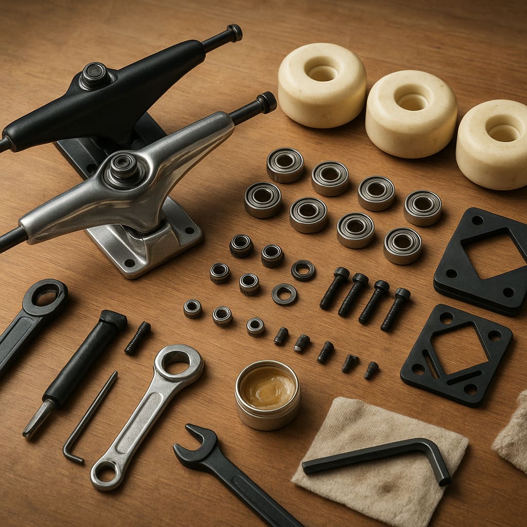 Trucks, ruedas y rodamientos sobre un banco de trabajo